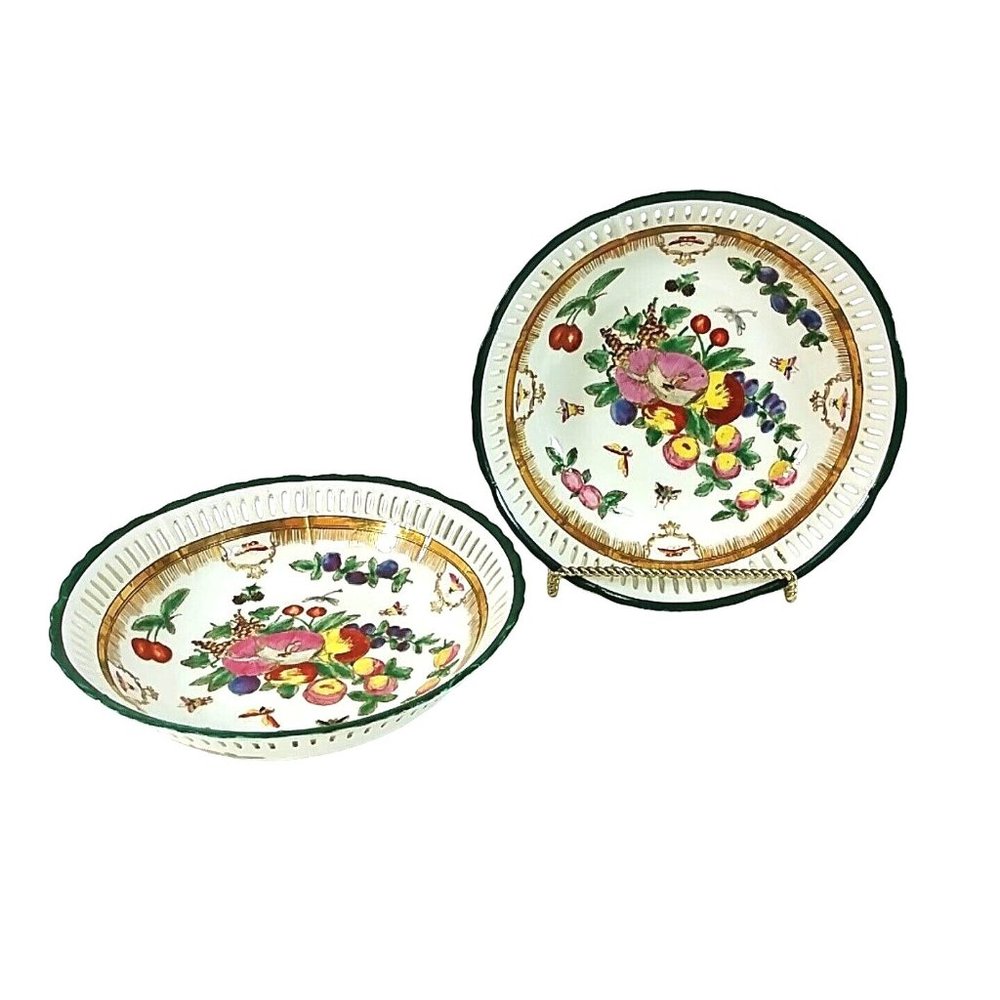 Serving Bowl Fruit Motif Open Lattice Rim Bottom Chopmark 9" Set of 2 - Picture 1 of 10